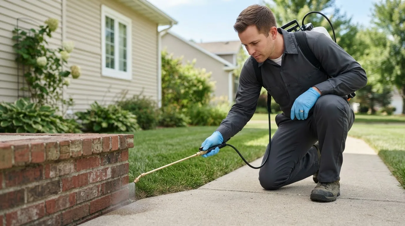 Pest control technician treating a home near Davy, WV